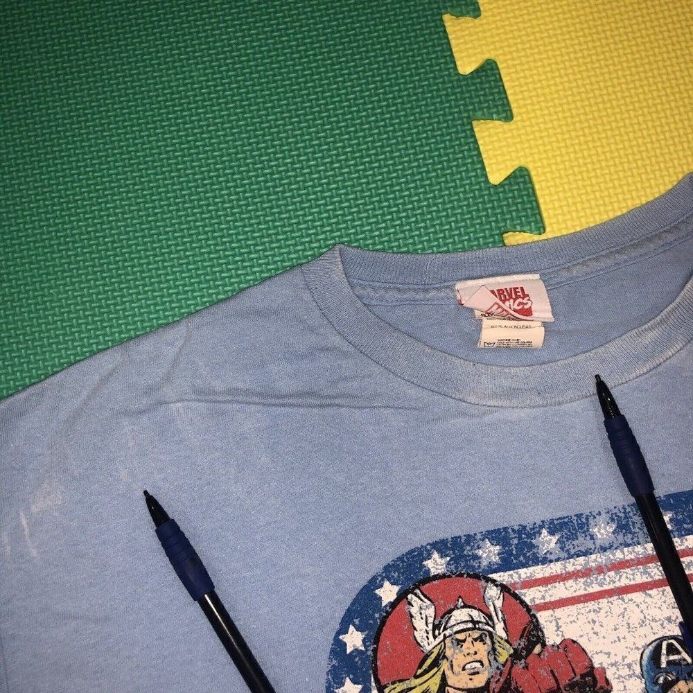 Y2K Marvel Captain America Hulk Thor Spiderman Iron Man Faded Blue T-shirt Sz L - Picture 8 of 9